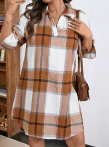 EMERY ROSE Plus Size Plaid Print Roll Up Sleeve Casual Dress Thanksgiving Outfit Holiday Outfit Holiday Party Dress Plus