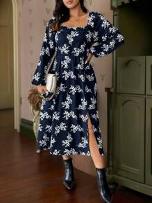 SHEIN Clasi Vestido casual de manga larga con cuello redondo y estampado total para tallas grandes