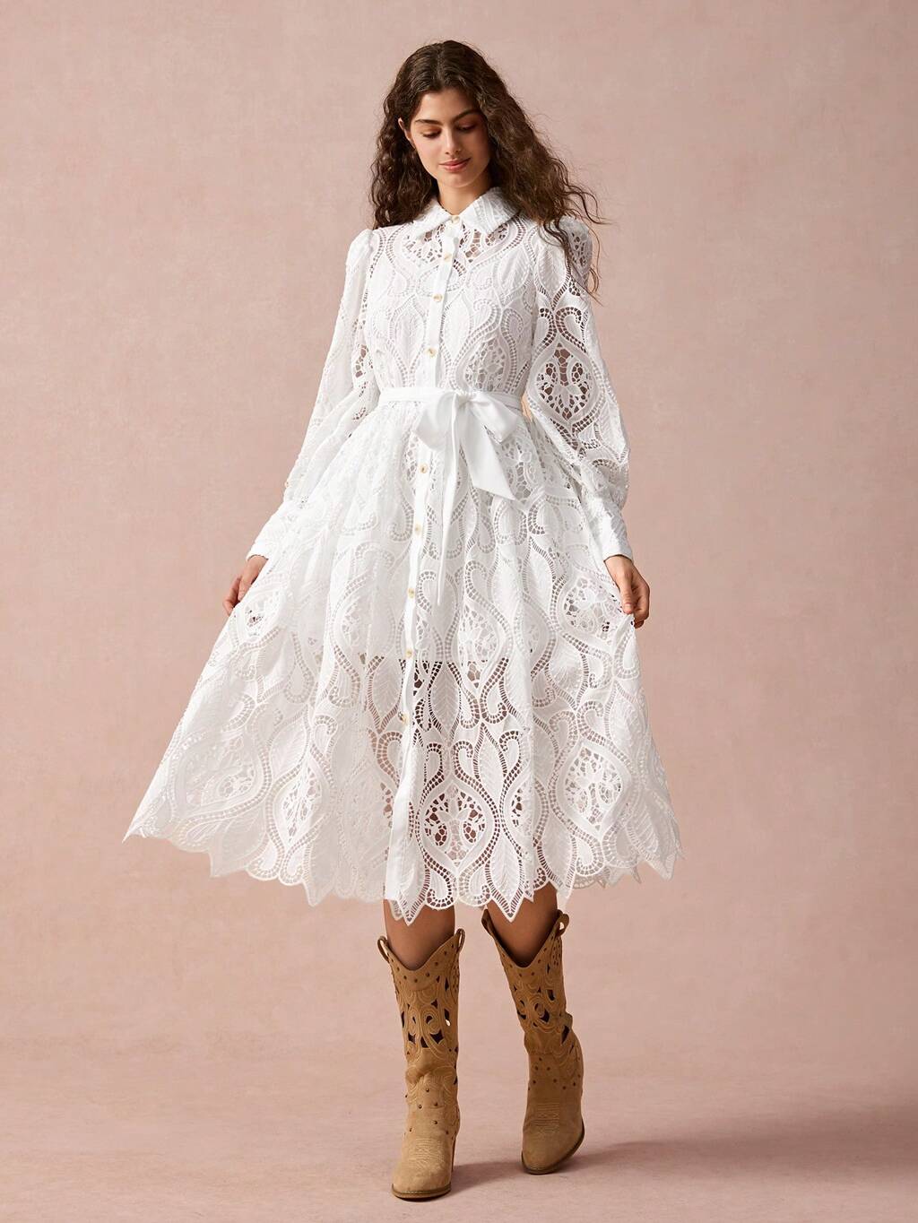 New Autumn Winter Products,Hollow Out Embroidered Puff Sleeve Shirt Collar Elegant Dress,Fall Winter  Women's Clothing,Mexican Dress,Puff Sleeve Dress,Winter Dress,Elegant Women Dresses,White Women Dresses,Long Sleeve Dress