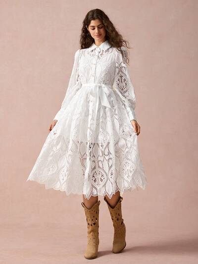 New Autumn Winter Products,Hollow Out Embroidered Puff Sleeve Shirt Collar Elegant Dress,Fall Winter  Women's Clothing,Mexican Dress,Puff Sleeve Dress,Winter Dress,Elegant Women Dresses,White Women Dresses,Long Sleeve Dress