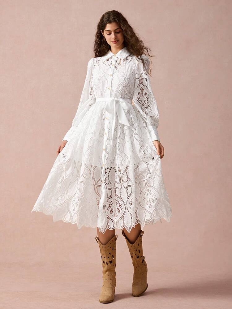 Vestido Camiseta Elegante Comprido com Manga Longa e Único Botão de Renda para Mulheres, Primavera Verão