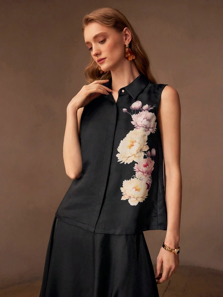 FLORAL PRINT SLEEVELESS SHIRT