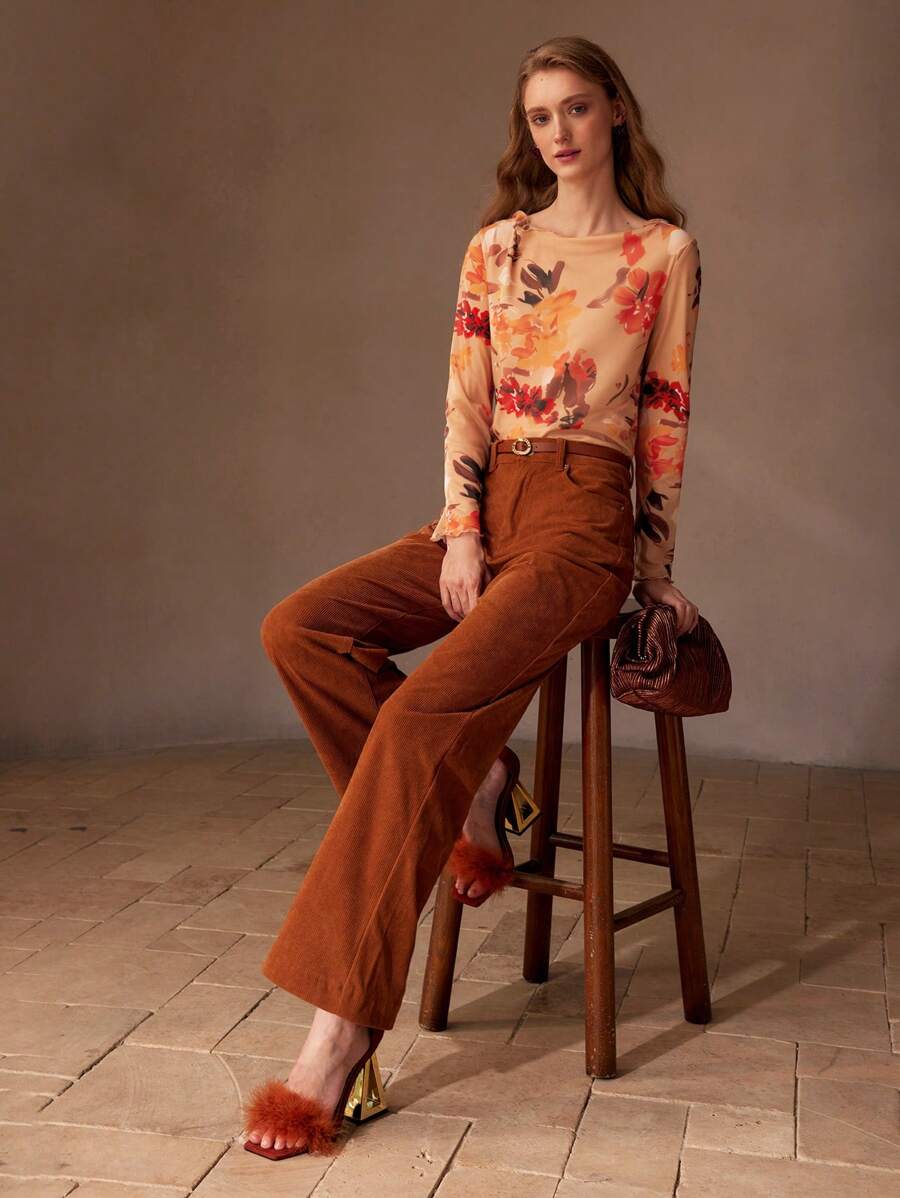 MOTF PREMIUM FLORAL PRINT BOAT NECK LETTUCE TRIM TEE