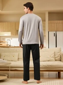 Conjunto de ropa de hogar para hombres con top de cuello redondo y pantalones de unicolor, simple y cómodo