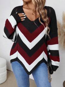 Pull surdimensionné décontracté à blocs de couleur rayés avec ourlet asymétrique, pour l'automne/l'hiver
