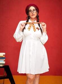 HARRY POTTER X SHEIN Plus Size Winter Fall Sports Street Wear Vintage Style School Gryffindor Embroidered Badge Long Sleeve Dress - White - View 4