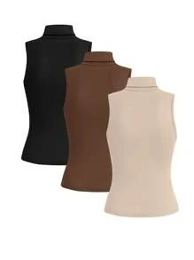 SHEIN LUNE Juego de 3 piezas de tops sin mangas de cuello alto minimalistas de unicolor para uso casual diario - 3 paquetes de tops de cuello alto, tops marrones, tops lisos