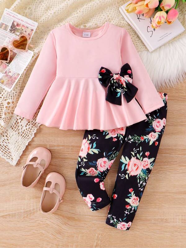 2pcs/Set Baby Girl Round Neck Long Sleeve Big Bow Knit Top & Floral Print Pants Set, Stylish For Autumn Holiday & Casual Wear