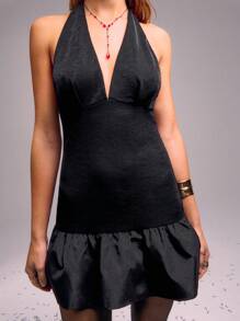 SHEIN Unity Sexy Neckholder Kleid mit Rüschensaum und Rückenbindung in einfarbiger Ausführung - Schwarz - Übersicht 3