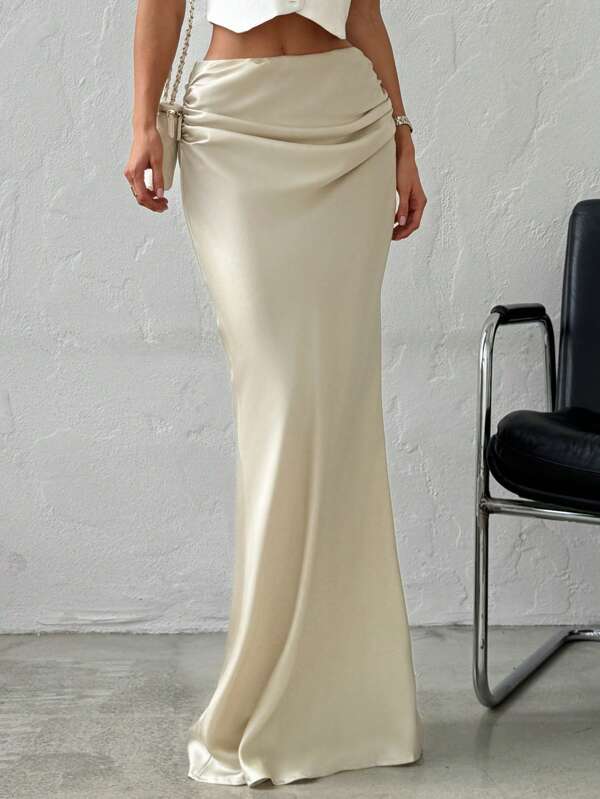 Firerie Elegant Simple Romantic Date/Work Versatile Solid Color Satin Maxi Skirt, Low Waist In Beige, Autumn/Winter,Graduation,Teacher Outfits For Women,Back To School