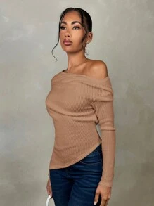 SHEIN BAE 女士秋冬毛衣白色露肩长袖不对称领长袖毛衣，白色上衣 - 卡其色 - 查看 3