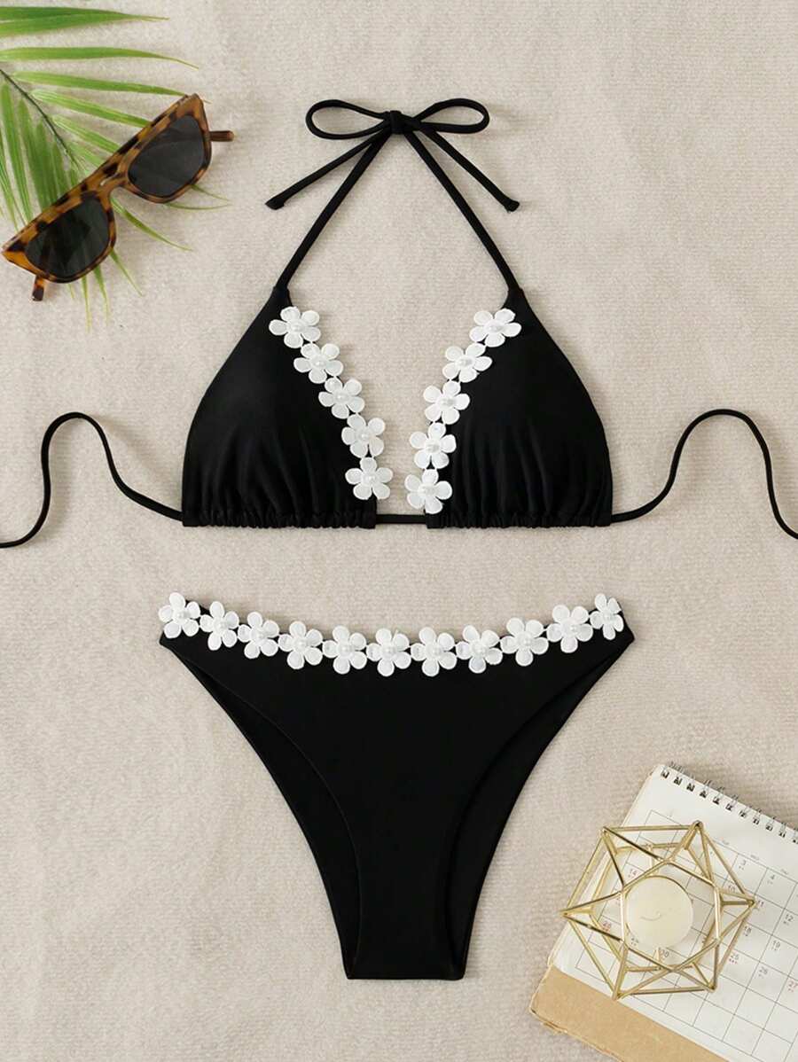 Swim SXY 女士纯色夏季海滩花卉装饰三角比基尼套装 - 黑色 - 查看 1