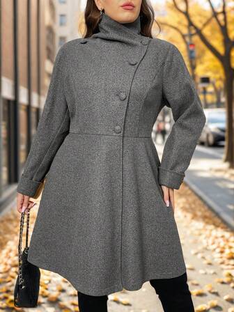 SHEIN Privé 大码女装秋冬时装秀深灰色 A 字型不对称冬季羊毛大衣适合简约旅行和优雅约会