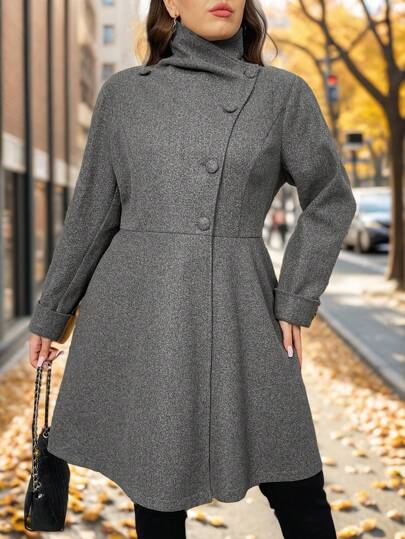 SHEIN Privé Áo khoác len mùa đông không đối xứng dáng chữ A màu xám đậm cho nữ cỡ lớn thời trang thu đông phù hợp cho những chuyến du lịch đơn giản và buổi hẹn hò thanh lịch