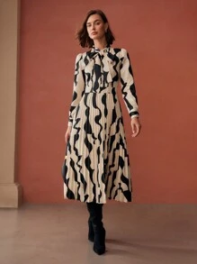 MOTF PREMIUM ALLOVER PRINT TIE NECK PUFF SLEEVE PLEATED HEM LONG DRESS WITHOUT BELT, WOMEN OUTFIT