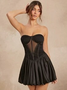 L'Amorae Elegant Sexy Tube Bustier Mesh Panel Holiday New Year Party Bubble Hem Mini Dress - Black - View 3