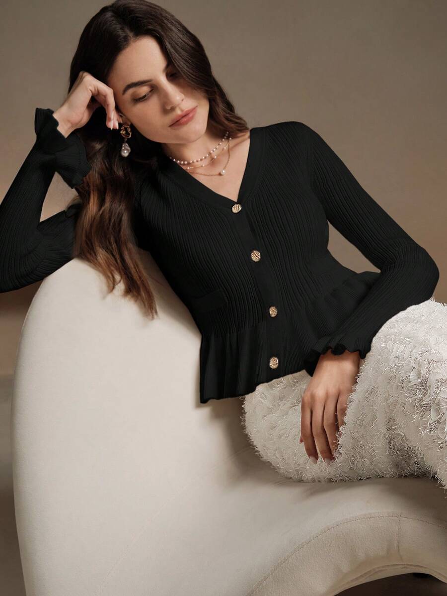 Anewsta Damski jednolity kolor, minimalistyczny falbaniasty brzeg, elegancki perłowy kardigan z guzikami