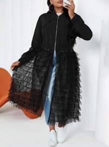 Maweii Plus Size Solid Color Mesh Contrast Long Jacket, Fashionable For Autumn - Black - View 4