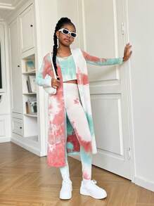 SHEIN Bộ trang phục 3 món cho bé gái tuổi mới lớn: Áo khoác cardigan nhuộm loang dài, áo ba lỗ bó sát và quần legging, thường ngày - Màu Khaki - Xem 7