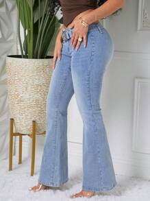 SHEIN SXY Women's Fashion Flare Leg Jeans With Eyelet Buckle Design - Light Wash - View 2