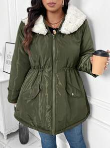 SHEIN LUNE Plus Size  Fur Collar Hooded Insulated Parka - Army Green - View 6