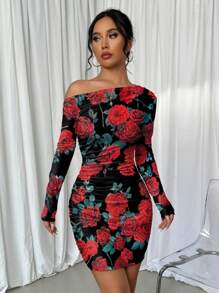 Elenzga Kleid mit Rüschen und asymmetrischem Ausschnitt, Rosenprint, Langarm, für Neujahrskleider