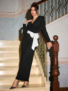 Daniela Ricciardelli Designer V-Neck Long Sleeve Elegant Jumpsuits Outfit With Contrast Color Belt, For Party, Holiday, Spring & Summer, Festival - Black - View 8