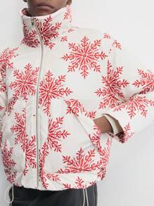 Maija Women's Christmas All-Over Snowflake Print Long Sleeve Front Zipper Casual Warm Padded Coat, Winter - Multicolor - View 4
