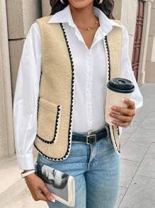 SHEIN LUNE Women's Contrast Ribbon Patchwork Fluffy Vest Jacket, Autumn/Winter - Apricot - View 1