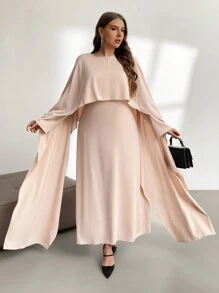 SHEIN Privé Plus Size Elegant & Vintage Taffeta Cape Poncho Jacket & Long Sleeve Straight Hem Dress Set, Autumn/Winter - Apricot - View 5