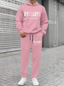 Manfinity EMRG 2 件男士字母印花连帽衫运动衫和运动裤两件套，适合休闲日常穿着，秋季 - 粉色 - 查看 1