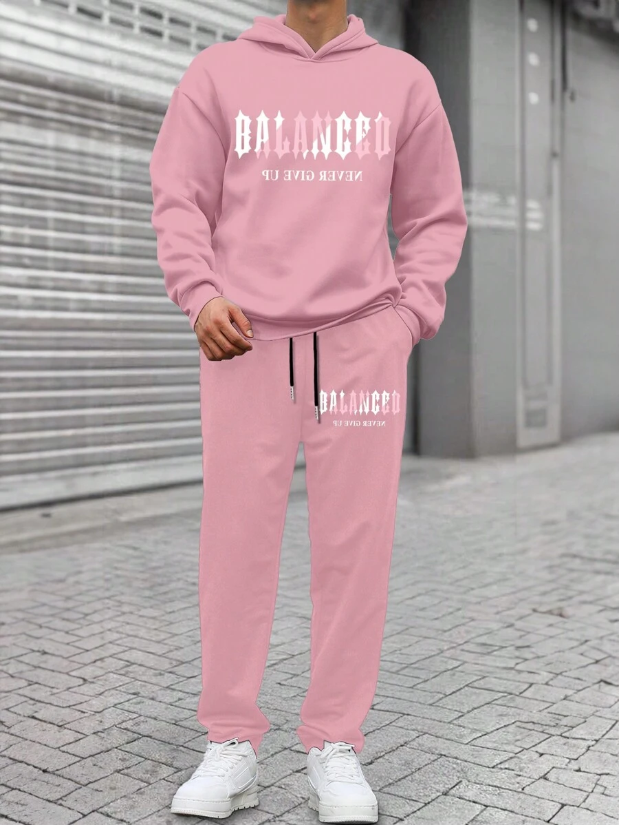Manfinity EMRG 2 件男士字母印花连帽衫运动衫和运动裤两件套，适合休闲日常穿着，秋季 - 粉色 - 查看 1