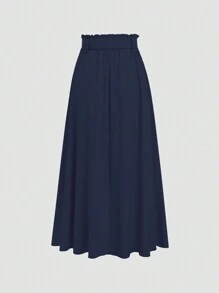 Sweetra Saia Longa Azul Marinho Elegante Feminina de Cintura Franzida com Cinto - Azul Marinho - Visão 2