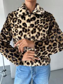 SHEIN Essnce 冬季女豹纹皮草外套短款保暖无人翻领夹克长袖毛绒豹纹休闲外套秋 - 棕色 - 查看 6