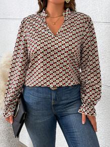 SHEIN LUNE Blusa elegante de manga larga con escote en V y estampado geométrico, para mujer de talla grande, otoño