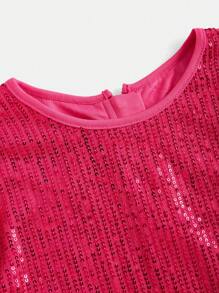 SHEIN 2pcs/Set Teen Girl's Fuchsia Sequin Decorated Elegant Party Crop Top And Mini Skirt Outfit - Hot Pink - View 8