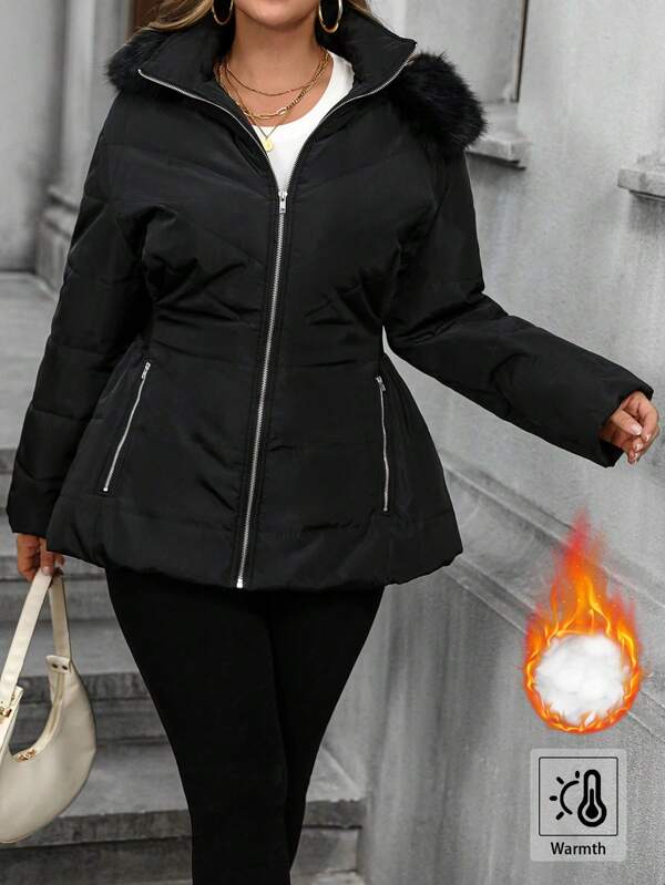 EMERY ROSE Plus Size Casual Cor Sólida Zíper Contraste Gola de Pele Com Capuz Diário Acolchoado Casaco Acolchoado, Roupas de Inverno