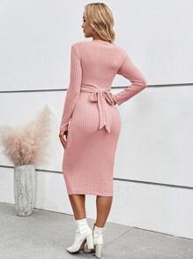 SHEIN Vestido de punto ajustado de unicolor para embarazadas, vestido de punto ajustado - Rosa - Ver 3