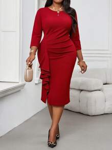 Fleurora 秋冬圣诞派对礼服优雅复古工作婚礼酒会深红色针织圆领铅笔荷叶边新品紧身连衣裙大码连衣裙伴娘服 - 紅色 - 查看 9