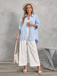 SHEIN LUNE Women's Casual Embroidered Floral Blue And White Striped Shirt - Blue and White - View 3