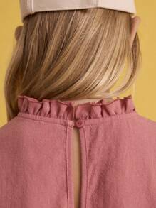 SHEIN Young Girl Pink Solid Color Ruffle Trim Loose Lantern Sleeve Round Neck Blouse For Autumn - Pink - View 5
