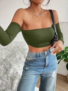SHEIN PETITE Top court à épaules dénudées - Militaire verte - Voir 6