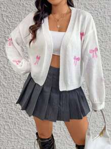 Valentine Flirla Plus Size Women's Bow Embroidery Off-The-Shoulder Long-Sleeved Front-Opening Carver, Autumn/Winter Women's Fabric, White, Women's Knitted Coat, Christmas, Party, Red, Red Bow Embroidery, Regular Style, Winter, Summer, Spring/Autumn Women's Daily Commuting Wear - White - View 7