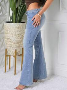 SHEIN SXY Women's Fashion Flare Leg Jeans With Eyelet Buckle Design - Light Wash - View 8