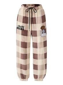 We Bare Bears X SHEIN Men's Casual Embroidered Cartoon Bear & Letter Gingham Print Flannel Drawstring Waist Jogger Pants, Autumn/Winter