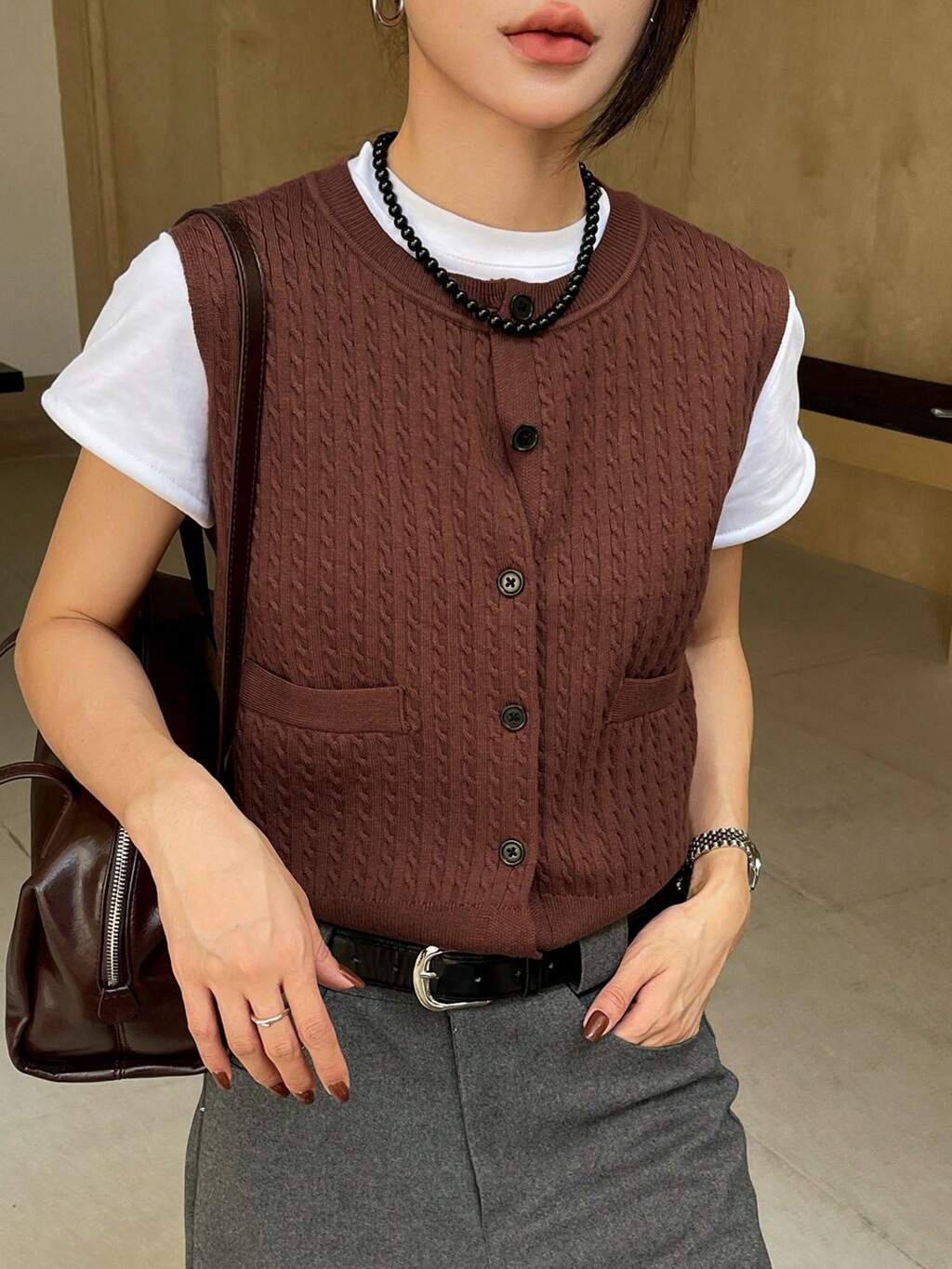 1pc Solid Fitted Sleeveless Round Neck Cardigan For Women,Fall Clothes
