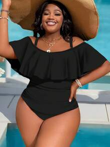SHEIN Slayr CURVE Maillot de bain une pièce à volants avec épaules dénudées et côtés drapés pour grandes tailles, idéal pour l'été et la plage