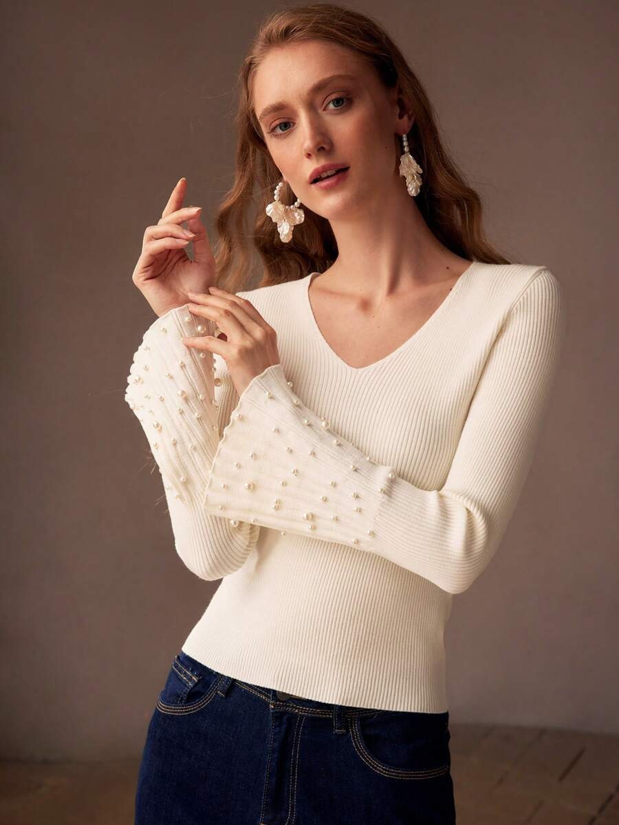 MOTF PREMIUM Jersey de punto estriado de ajuste ceñido con cuello en V, mangas de campana y detalles de perlas falsas
