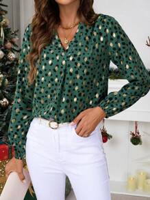 SHEIN Clasi Dames Kerstfeest Groen Metallic Polka Dot Print Elegante Blouse