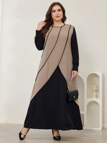 Lacomfia 大码拼色圆领连衣裙，纯色朴素长袖长裙，适合秋冬季 - 黑色 - 查看 3